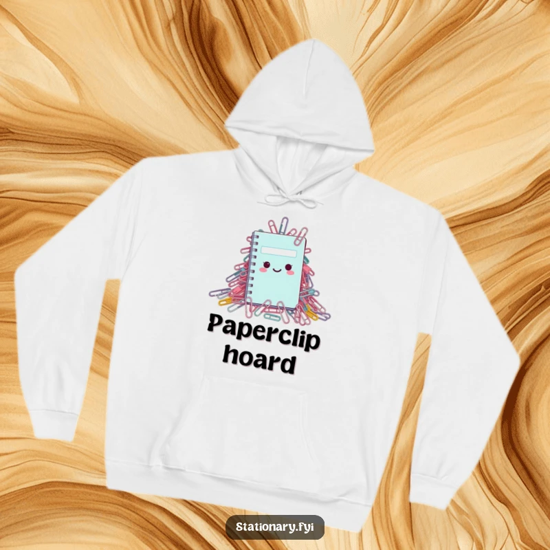 Funny Hoodie: A miniature notebook peeking from an enormous paperclip heap, depicting a humorous office scenario.