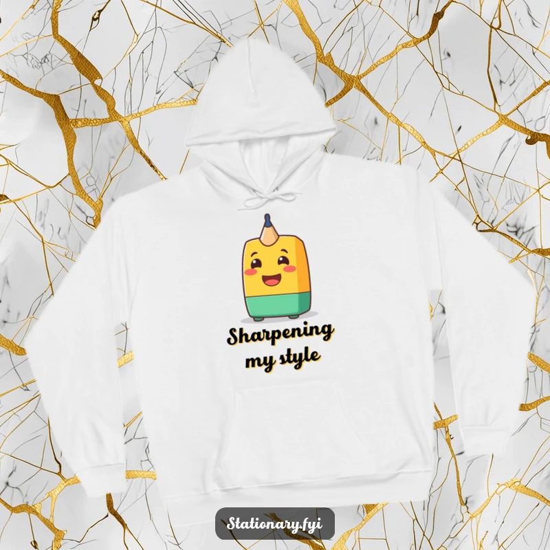 Funny Hoodie: A cheerful pencil sharpener character beaming with a friendly grin, offering warmth and a sharp dose of humor.