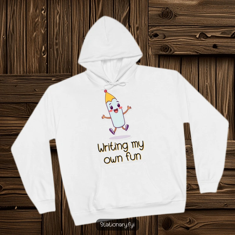 Funny cheerful pen hoodie with a character doing a joyful skip with a flourish, offering cozy comfort and creative humor.