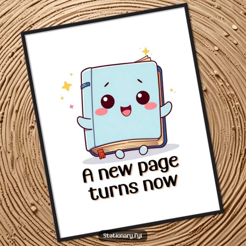 Funny Free Printable Wall Art: A kawaii notebook character's pages flutter joyfully, creating a whimsical and humorous visual.