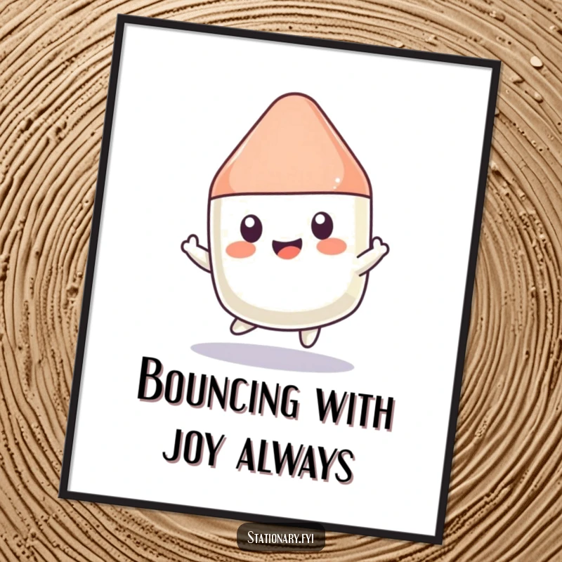 Funny Free Printable Wall Art: A kawaii eraser character joyfully bounces like a ball, radiating cheerful, playful energy.