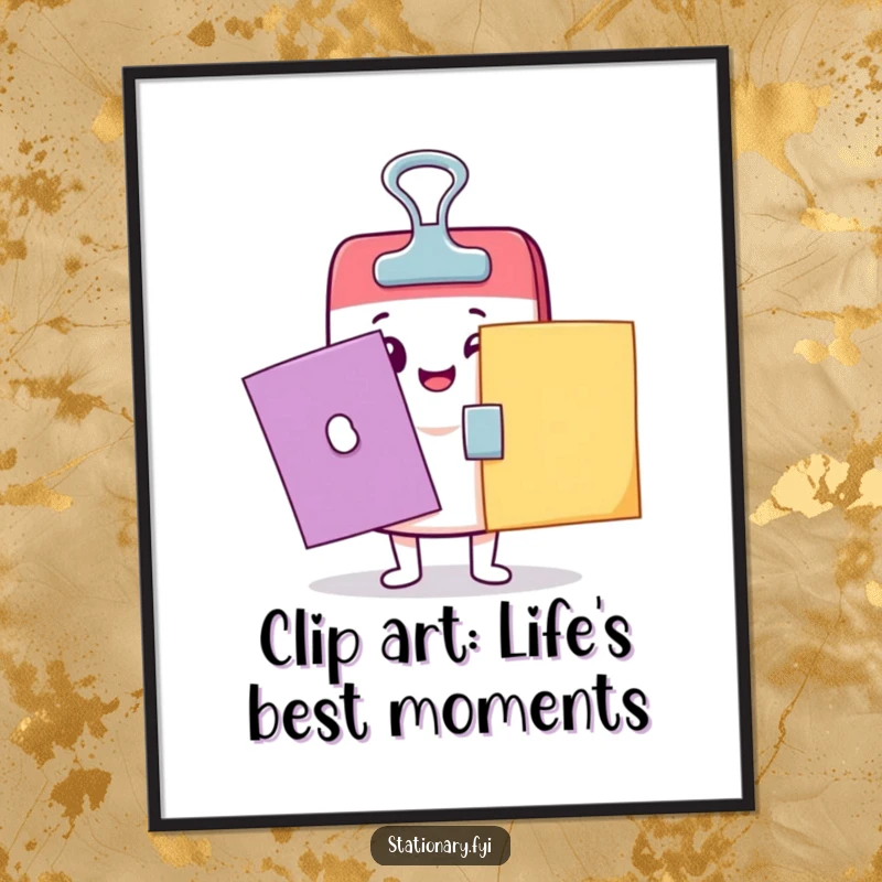 Funny Free Printable Kawaii binder clip character happily holding papers, adding a touch of quirky office humor to your wall art.