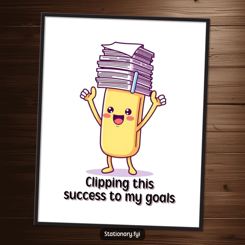 Funny Free Printable Wall Art of a delighted Kawaii paperclip character proudly holding a stack of papers, symbolizing accomplishment.