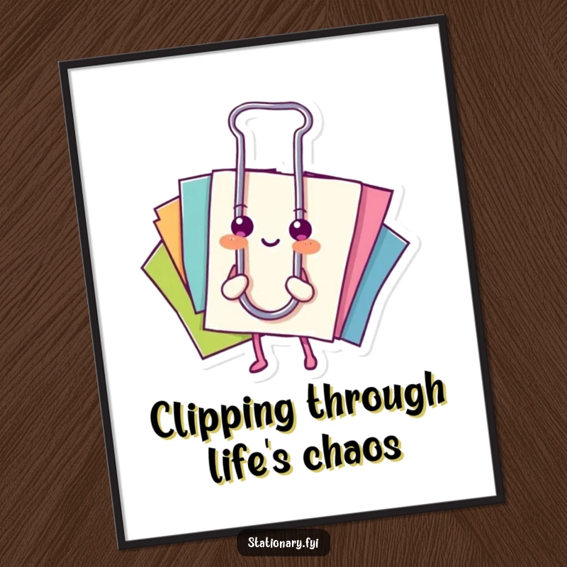 Funny Free Printable Wall Art: A happy paperclip holds a stack of colorful papers, creating playful and organized downloadable decor.