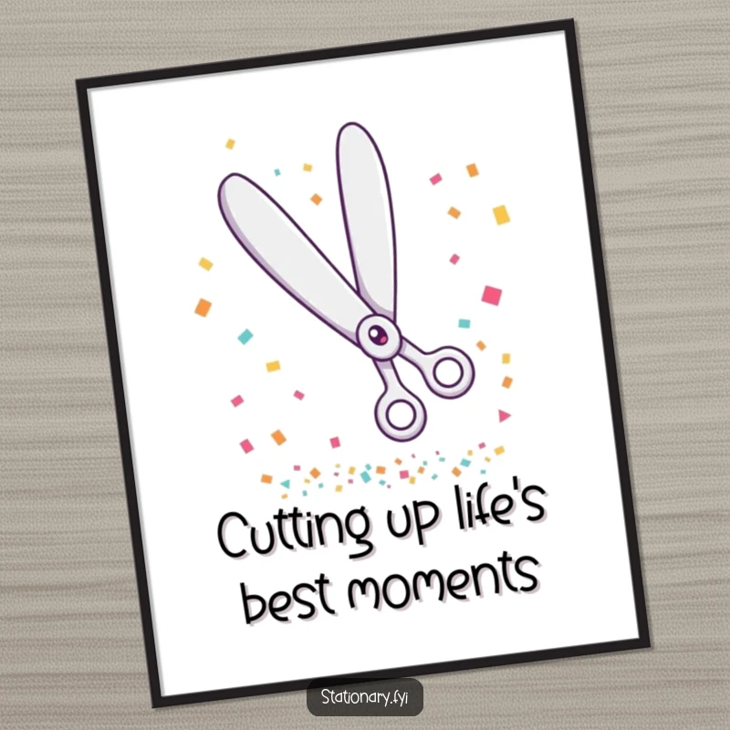 Funny Free Printable Wall Art: A pair of giggling scissors is captured mid-action, cutting a cascade of colorful confetti for a festive look.