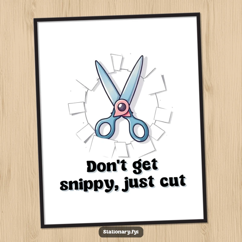 Funny Free Printable Wall Art of two playful scissors gleefully snipping through a piece of paper.