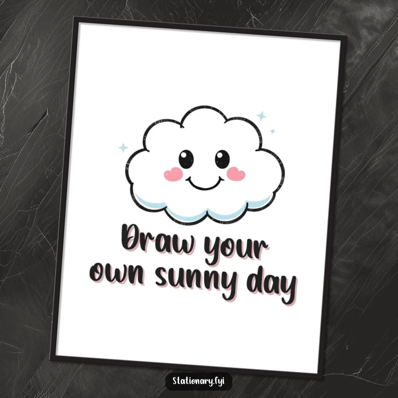 Funny Free Printable Kawaii marker character drawing a smiley face in a cloud, creating cheerful and artistic downloadable wall decor.