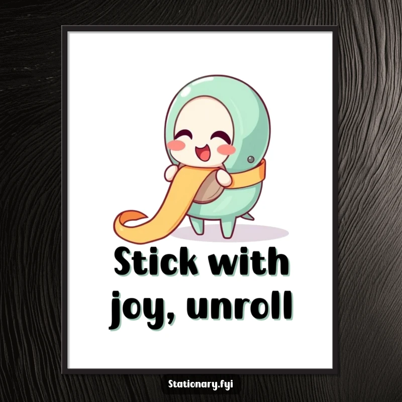 Funny Free Printable Wall Art: Giggling tape dispenser character unraveling a long, happy ribbon, adding humor.