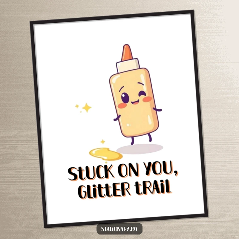 Funny Free Printable Glue Stick Wall Art: A giggling glue stick character leaves a sticky, sparkling trail on the wall.