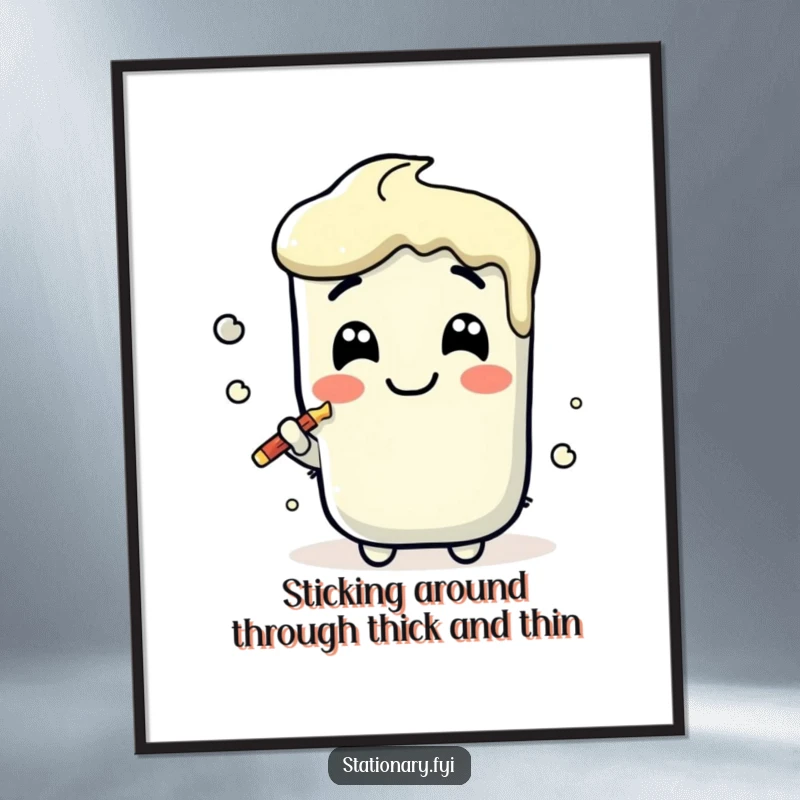 Funny Free Printable Wall Art: A giggling Kawaii glue stick character drawing a vibrant, joyful line across the space. Add color!