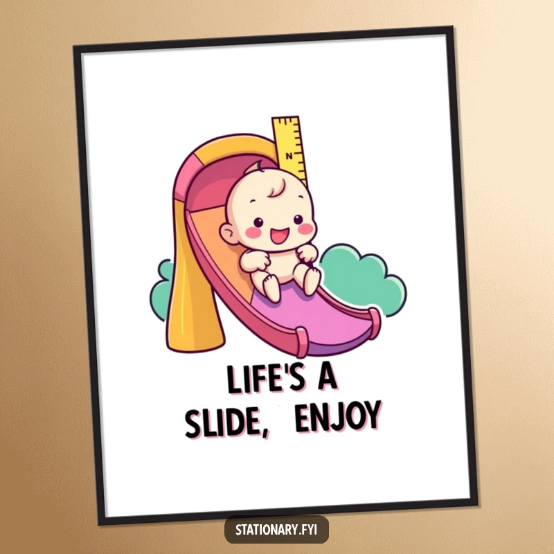 Funny Free Printable Ruler Wall Art: Playful character joyfully sliding down a colorful slide. Downloadable.