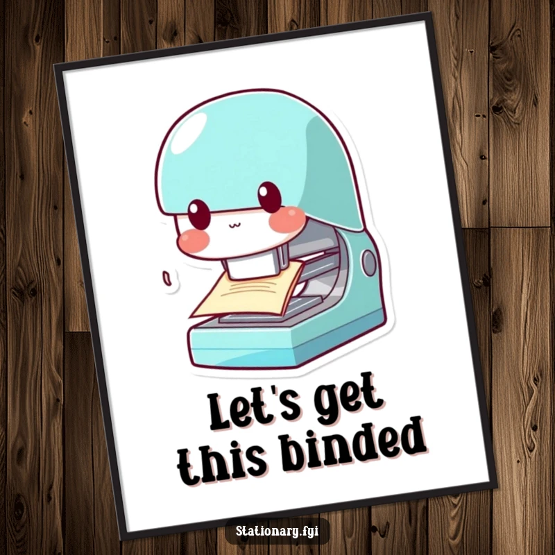 Funny Free Printable Wall Art: A kawaii stapler character playfully chomps on a piece of paper, with mischievous, humorous intent.