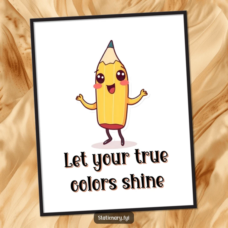 Funny Free Printable Wall Art of a bright yellow pencil enthusiastically doing a jig, full of joy.