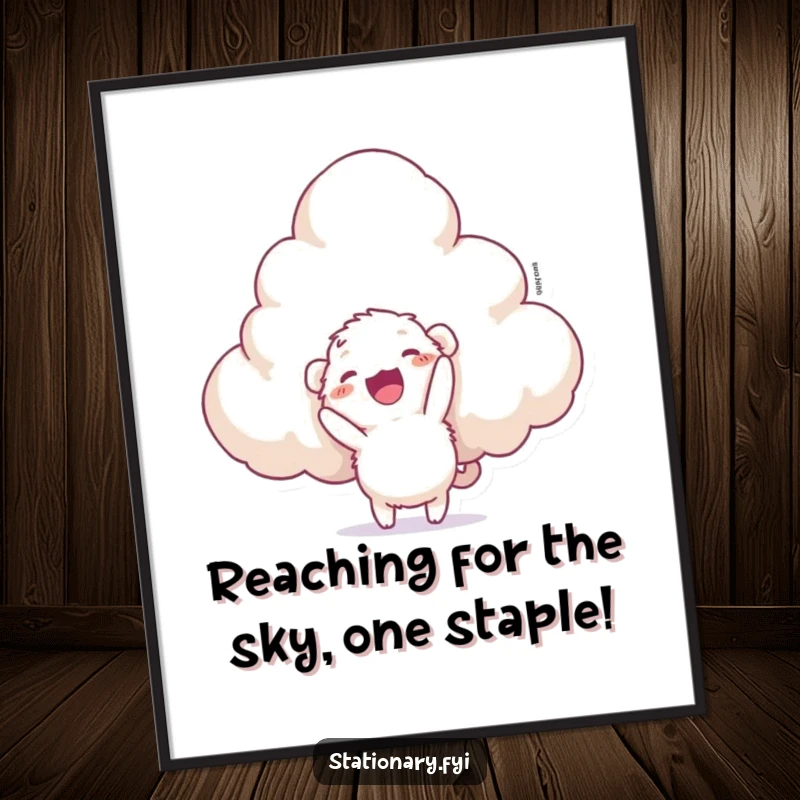 Funny Free Printable Wall Art: A small, fuzzy creature joyfully attempts to staple a giant fluffy cloud for whimsical decor.