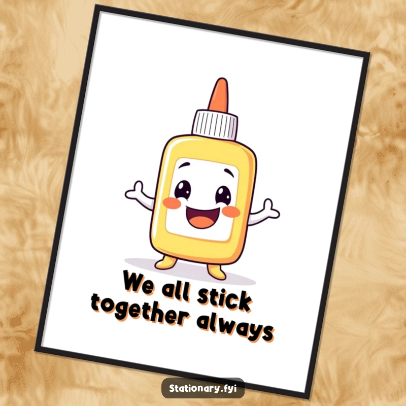 Funny Free Printable Wall Art: A grinning glue bottle character doing a comical, sticky wobble with a playful expression.