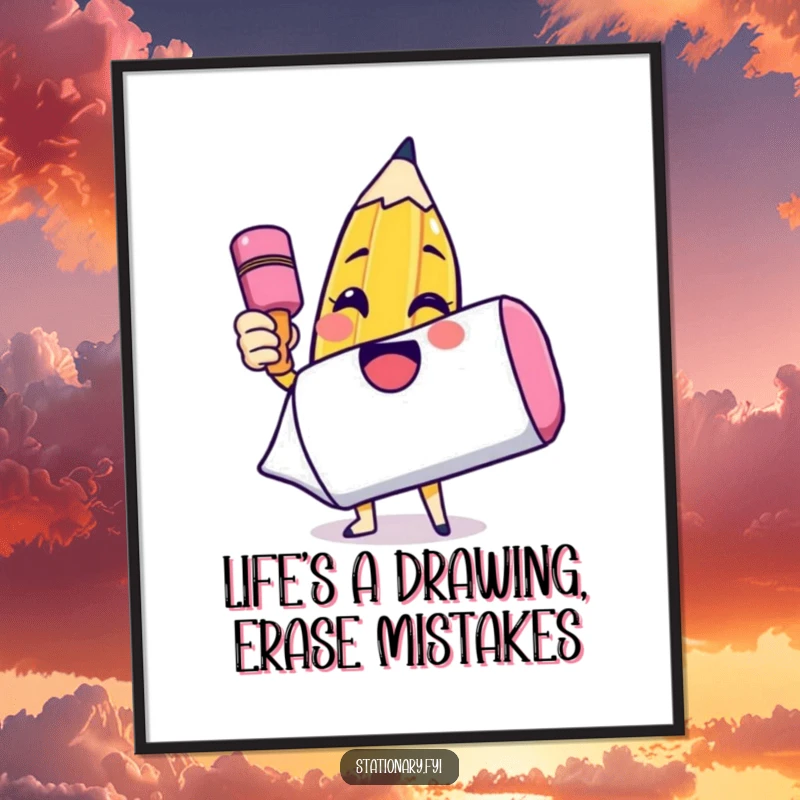 Funny Free Printable Wall Art: A determined pencil character draws a bright smiley face on a massive eraser.