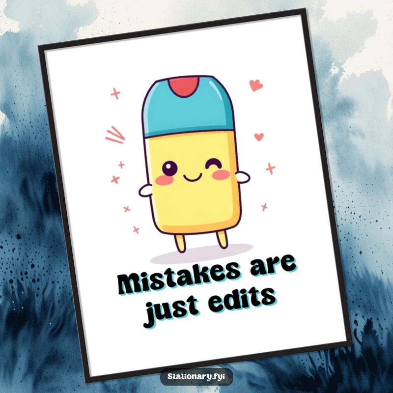 Funny Free Printable Wall Art of a smiling pink eraser tidying up a mess of colorful scribbles.