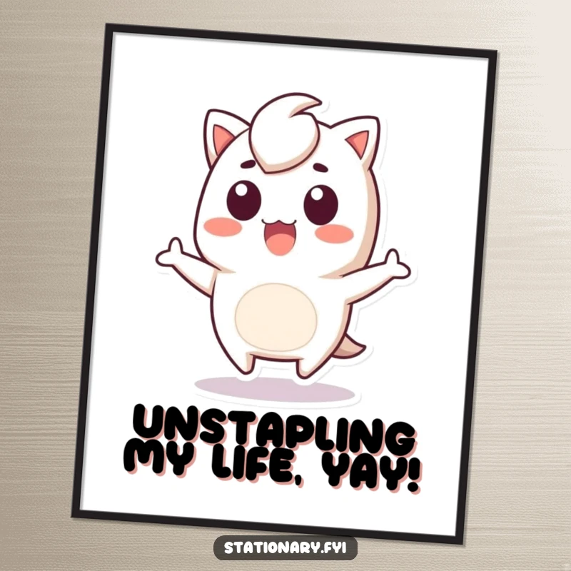 Funny Free Printable Wall Art of a Kawaii staple remover character unexpectedly jumping with a look of surprise, adding humor to any room.