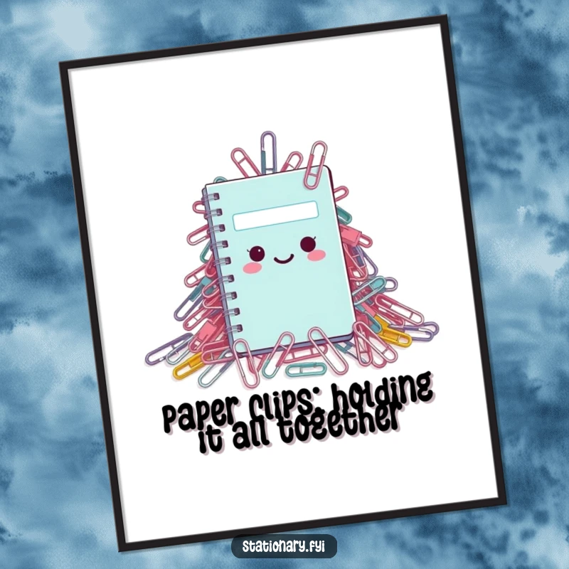 Funny free printable wall art: A small notebook is almost hidden beneath a vast mountain of paperclips, depicting office overload humor.