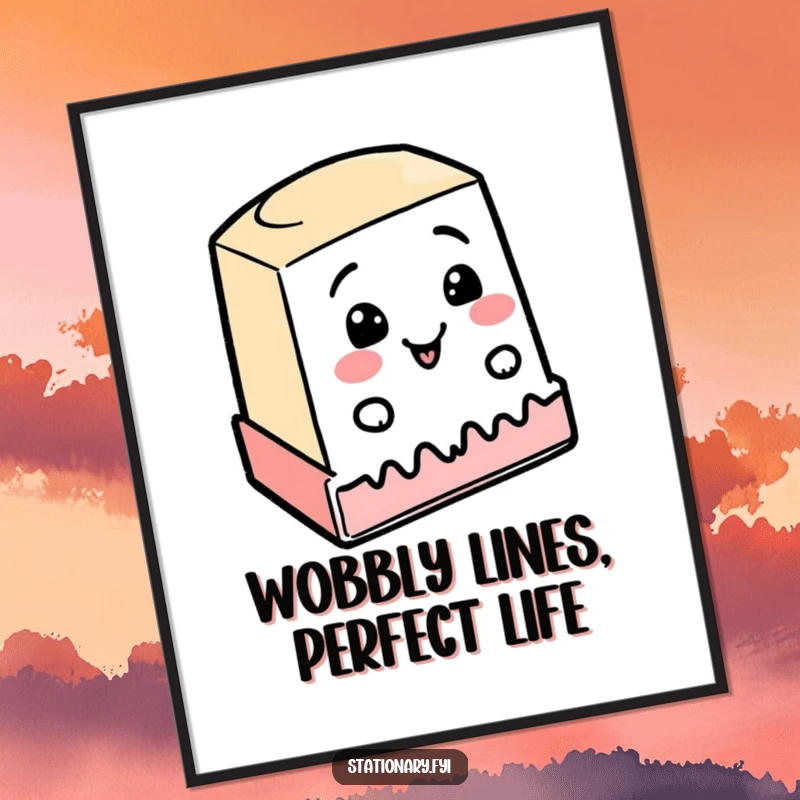 Funny free printable wall art of a happy rubber stamp enthusiastically creating a wobbly line, quirky downloadable art.