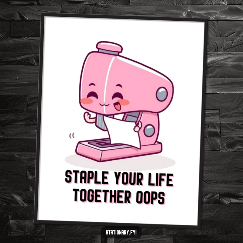 Funny Free Printable Wall Art featuring a giddy stapler character zapping paper together with infectious enthusiasm.