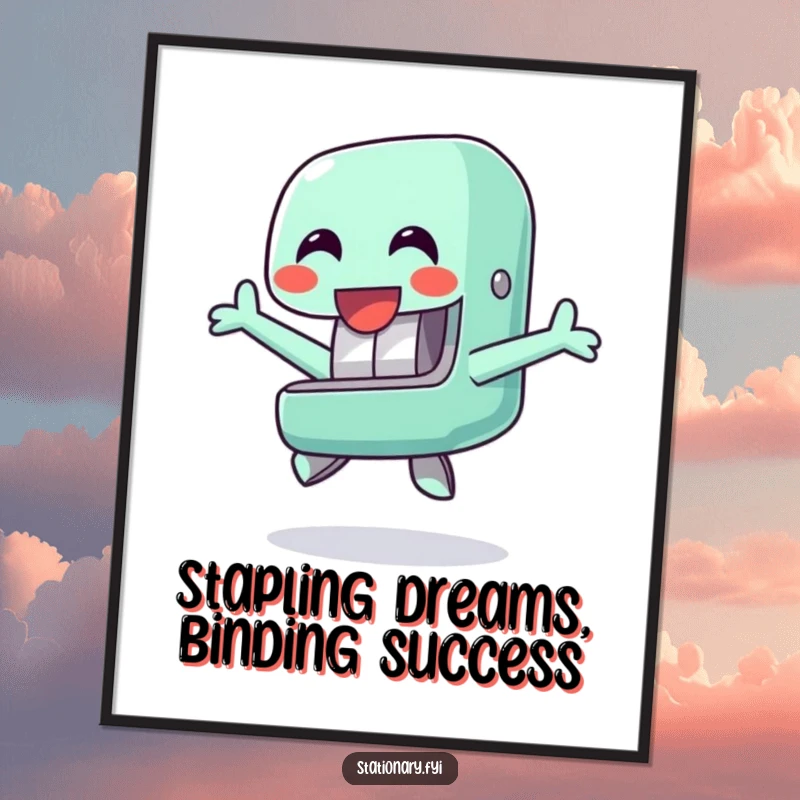 Funny Free Printable Wall Art: A cheerful stapler character mid-jump, symbolizing energy and a positive vibe.