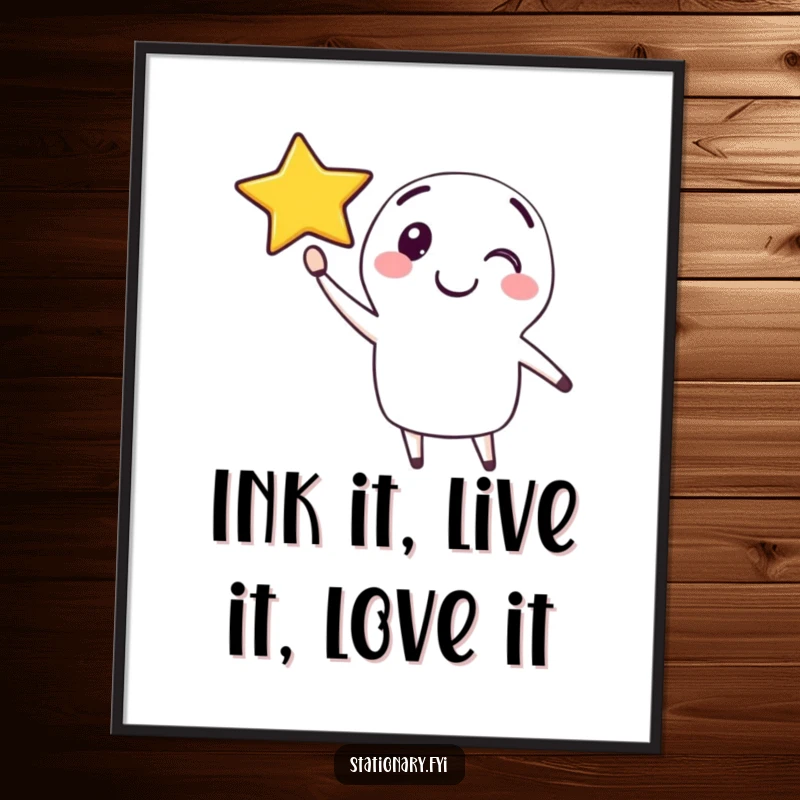 Funny Free Printable Pen Wall Art: Happy character drawing a smiling star in the air. Downloadable.
