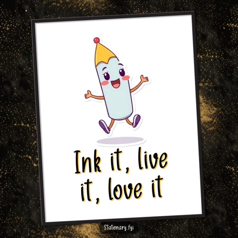 Funny Free Printable Wall Art: A cheerful pen character is captured doing a joyful skip with a flourish, full of personality.