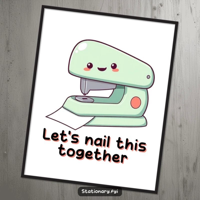 Funny Free Printable Wall Art of a delighted stapler rapidly fastening pieces of paper together.