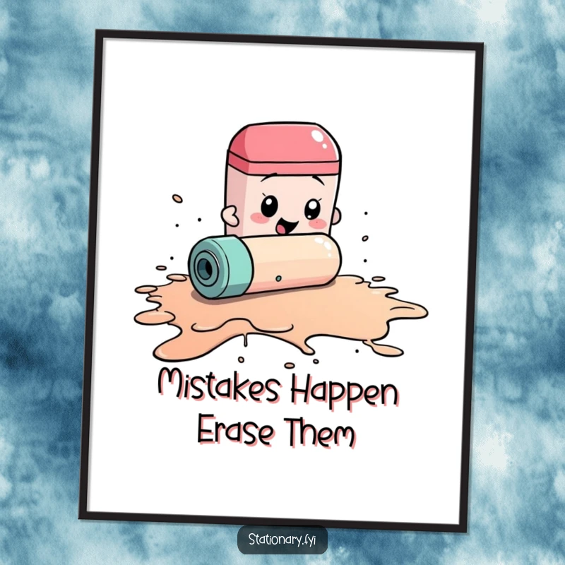 Funny free printable wall art of a rolling eraser frantically cleaning a giant ink spill, quirky downloadable art.