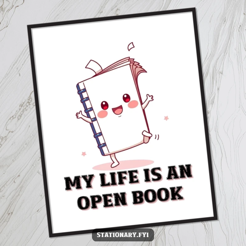 Funny Free Printable Wall Art: A cheerful Kawaii notebook character in mid-cartwheel, pages fluttering with joy. Decorate with flair!