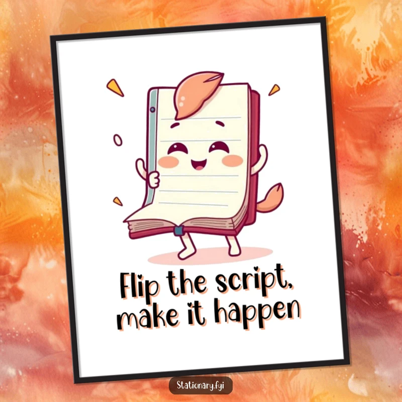 Funny free printable wall art of a joyful notebook character depicted in motion, rapidly flipping its own pages.