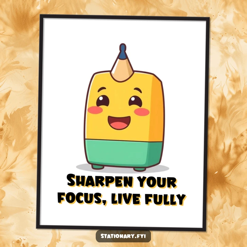 Funny Free Printable Wall Art: A cheerful pencil sharpener character with a big, friendly grin, radiating fun.