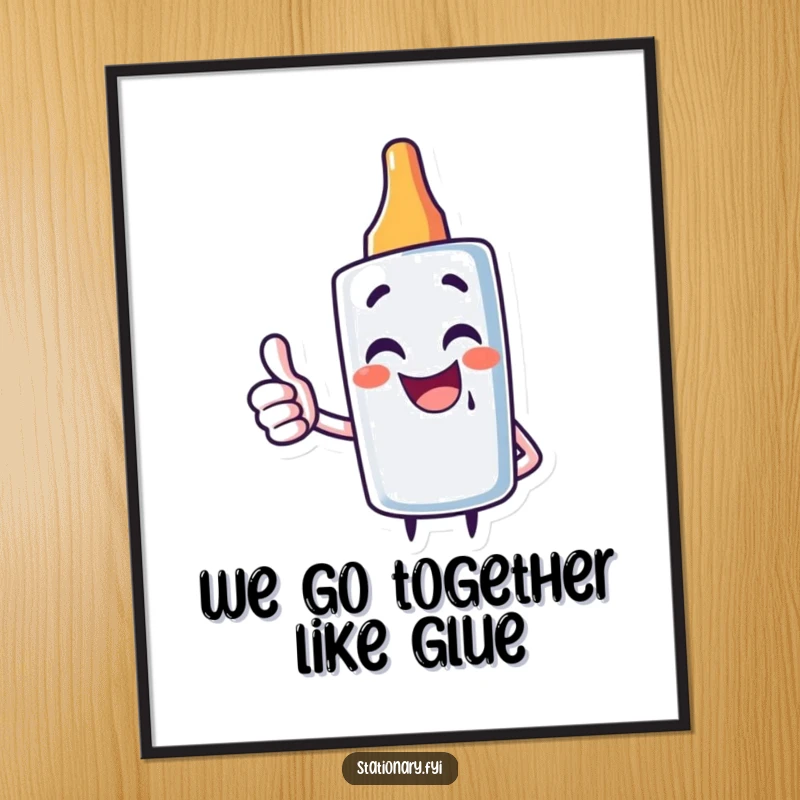 Funny Free Printable Glue Stick Wall Art: Giggling character giving a confident thumbs up. Downloadable.