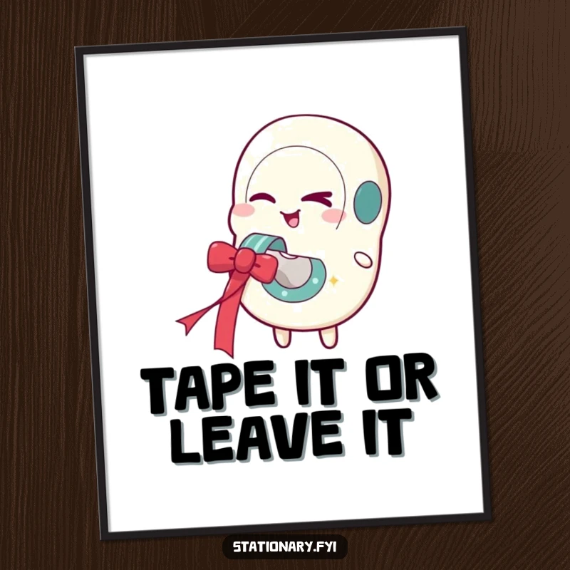 Funny free printable wall art of a winking tape dispenser character dispensing a colorful, festive ribbon, adding quirky charm.