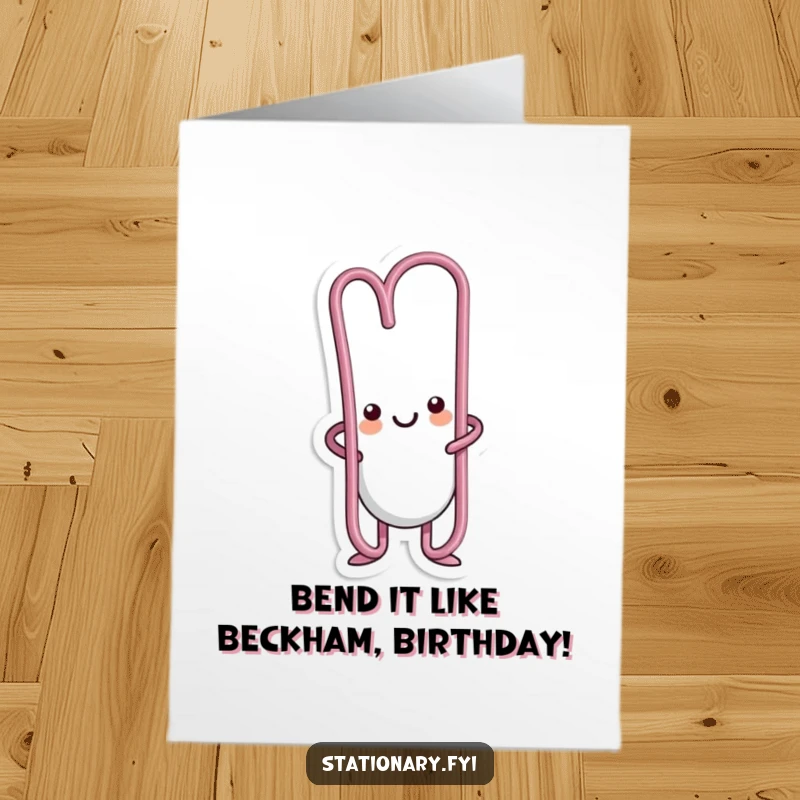 Funny Free Printable Birthday Card: A kawaii paperclip character humorously bending into a silly shape, ready to celebrate.