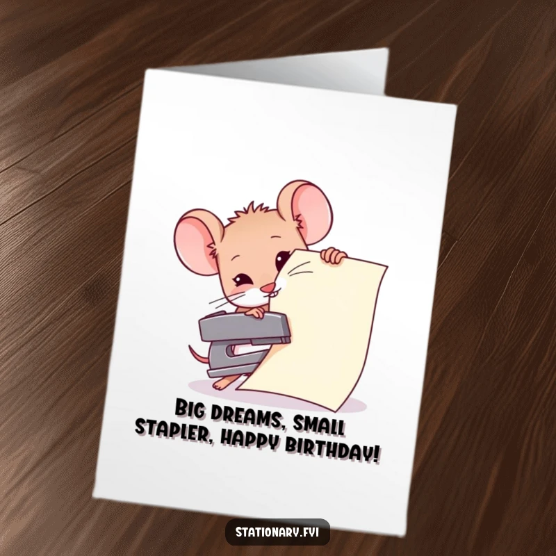 Funny free printable birthday card: a tiny mouse struggles with a huge paper stack and a miniature stapler, a quirky DIY gift.