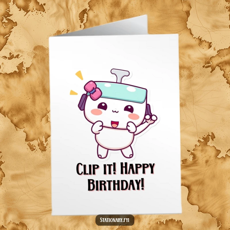 Free Printable Birthday Card: A kawaii binder clip character performs a playful pinch with a cheeky grin, celebrating your birthday.