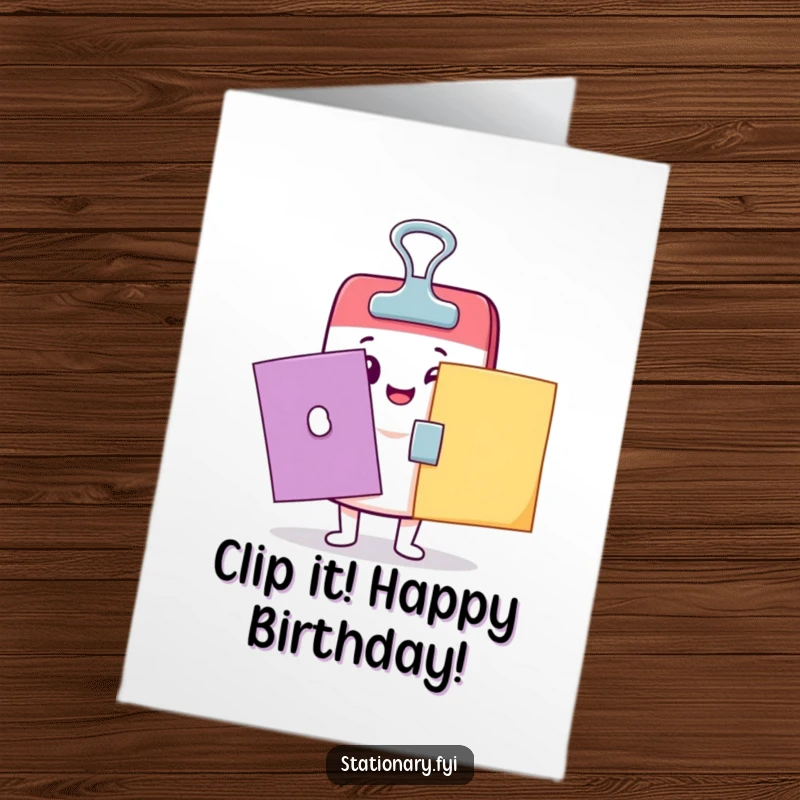 Funny Free Printable Kawaii binder clip character happily clamping colorful papers, spreading birthday cheer with a smile. A hilarious DIY card.