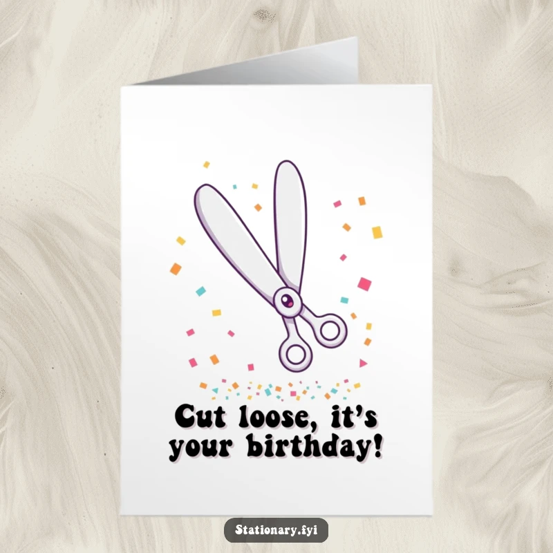 Funny Free Printable Birthday Card: A giggling pair of scissors joyfully cuts colorful confetti, celebrating a festive occasion.