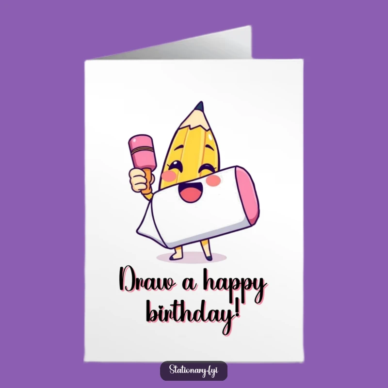 Free Printable Bday Card: Pencil Draws Smile on Eraser, Funny Custom Downloadable Gift