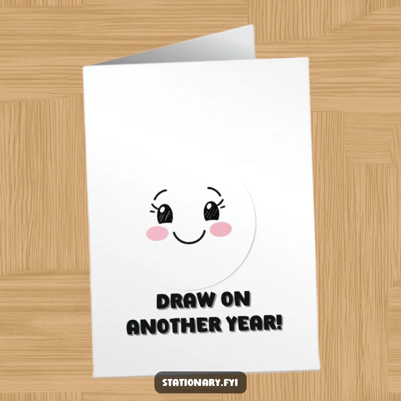 Funny Free Printable Birthday Card: Happy marker character drawing a big smiling face, ready for a DIY gift.