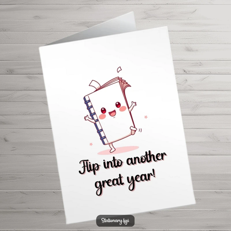 Funny Free Printable Birthday Card: A cheerful Kawaii notebook does a cartwheel, sending pages flying with birthday excitement. Print and share!