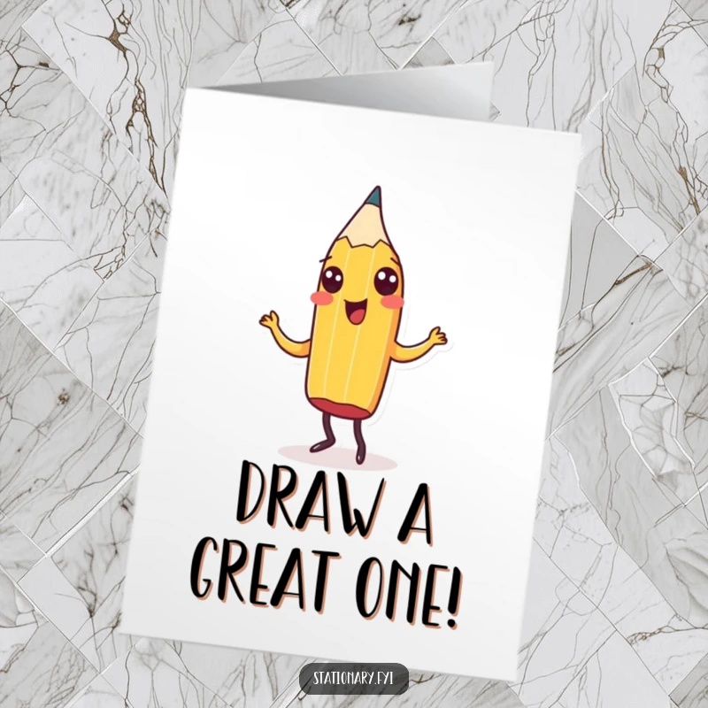 Funny Free Printable Birthday Card of a happy yellow pencil doing a joyful jig, ready to celebrate.