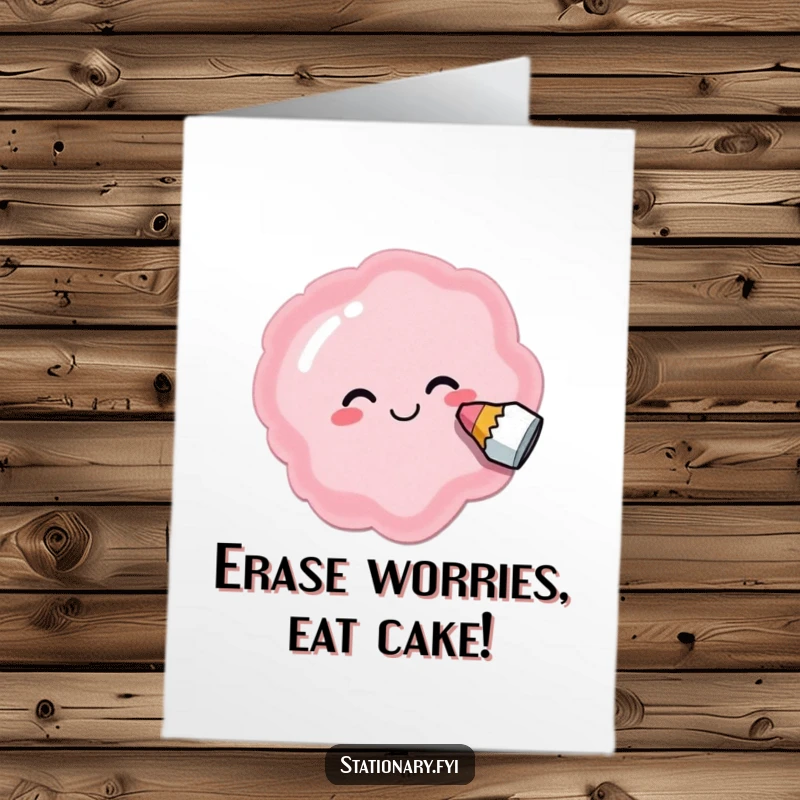 Funny Free Printable Birthday Card: A delighted eraser enthusiastically smudges out a comically silly shape, adding humor to wishes.