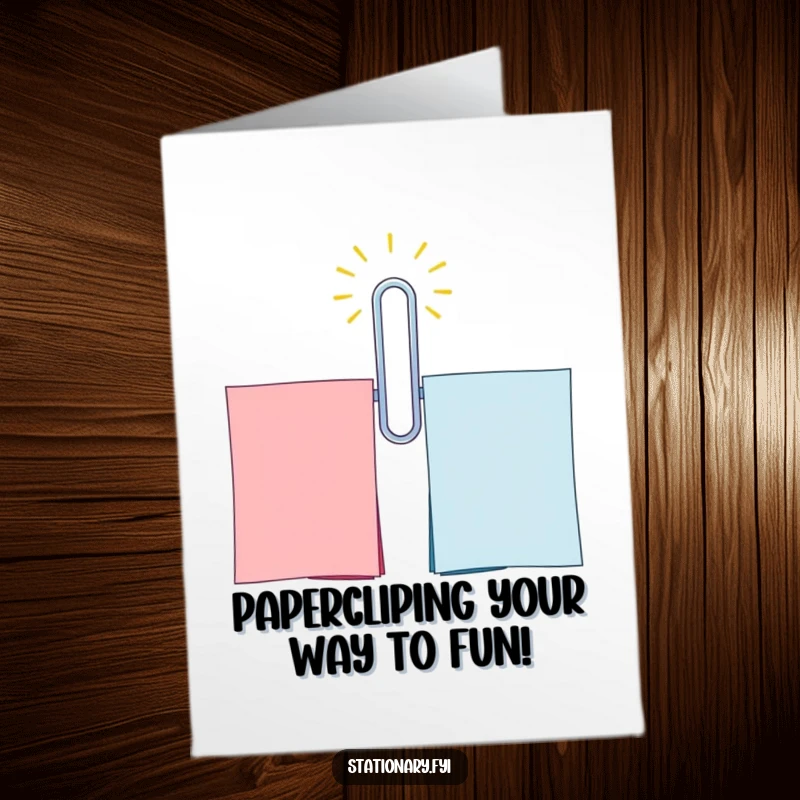 Funny Free Printable Birthday Card: A beaming paperclip joyfully links two colorful sheets, symbolizing connection and celebration.