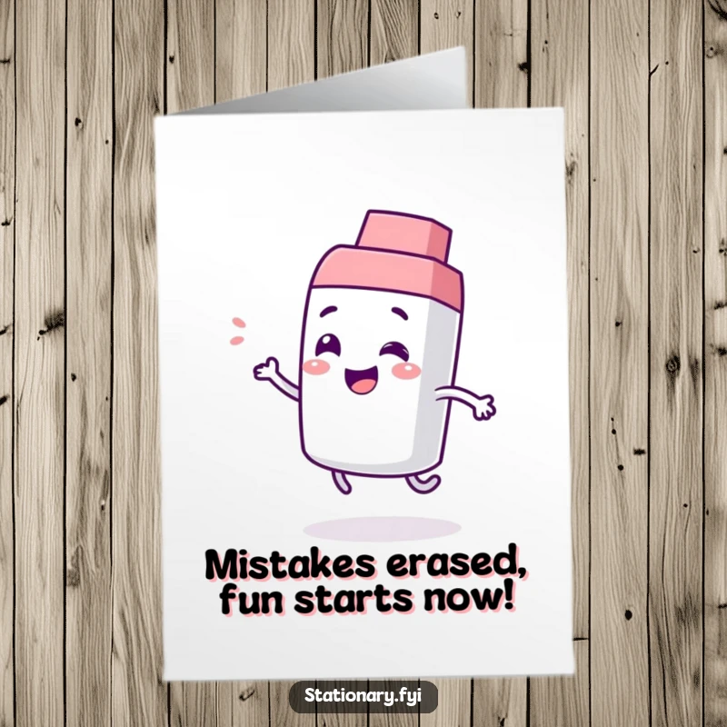 Funny Free Printable Birthday Card: Giggling eraser character bouncing with joy, a playful and humorous downloadable greeting.