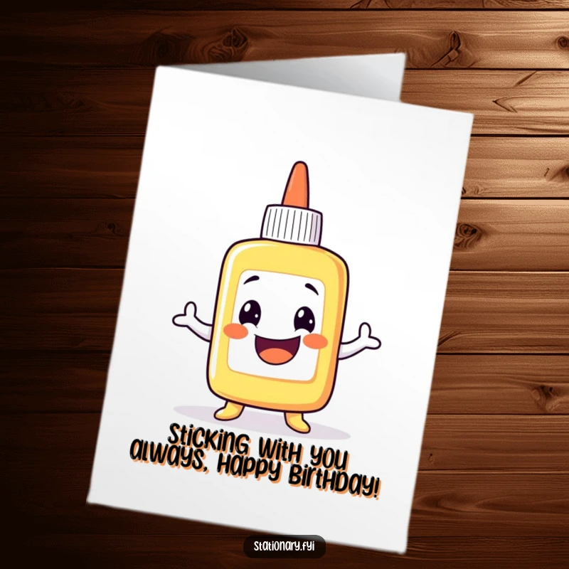 Funny Free Printable Birthday Card: A grinning glue bottle character doing a comical, sticky wobble for a birthday.
