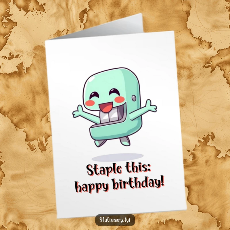 Funny Free Printable Birthday Card: A happy stapler character performing a cheerful jump, full of celebratory spirit.