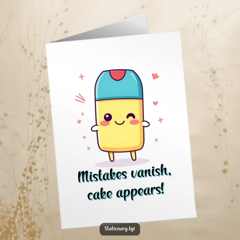 Funny Free Printable Birthday Card with a cheerful pink eraser happily cleaning up colorful scribbles.